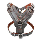 Braunes Leder-Hundegeschirr mit verstellbaren Riemen und Metallschnallen für Hunde.