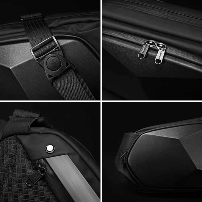 Schwarze Hardshell-Umhängetasche, robustes Design, Reißverschlüsse, verstellbarer Gurt.