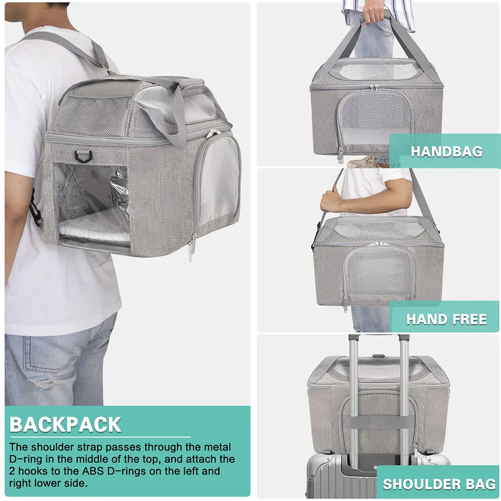 Grauer multifunktionaler Haustierträger, Rucksack, Handtasche, Schultertasche, Reisegepäck.