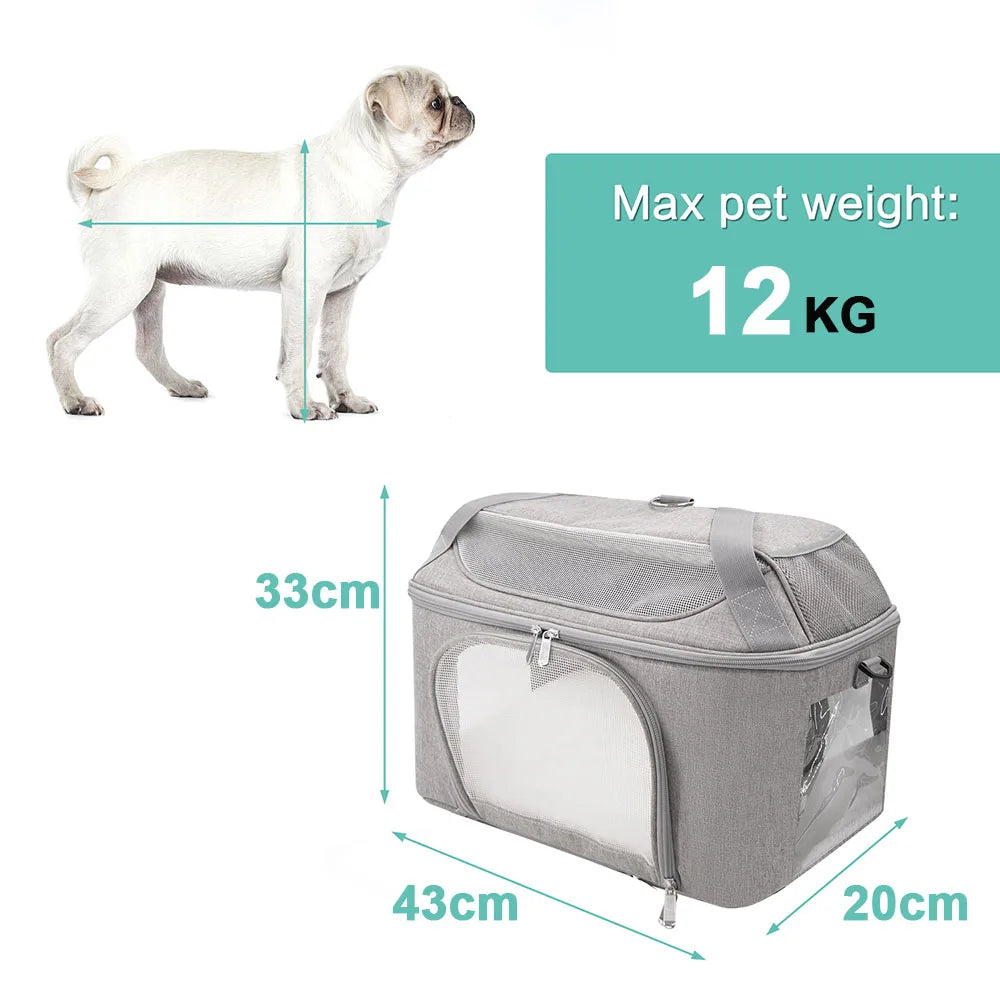 Graue Hundetragetasche, 43x20x33cm, max. 12kg, mit Netzfenster und Reißverschluss.