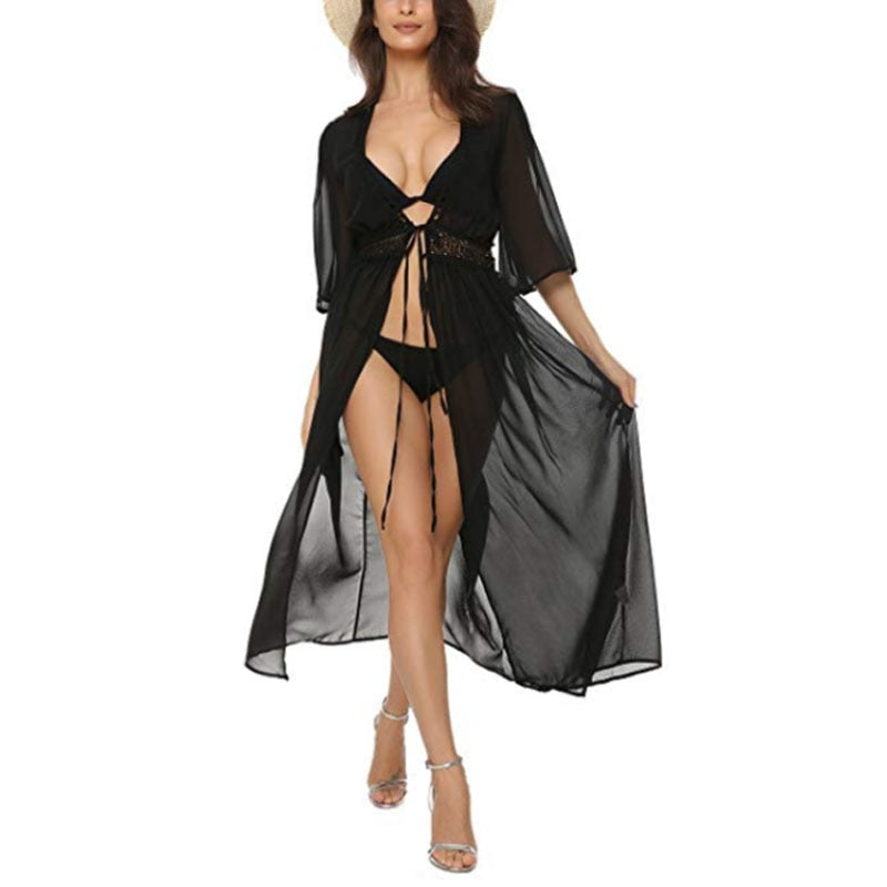Schwarzer Strandkimono für Damen, transparent, mit Bindegürtel, ideal als Bikini-Cover-Up. Perfekt für Sommer, Strand und Urlaub.