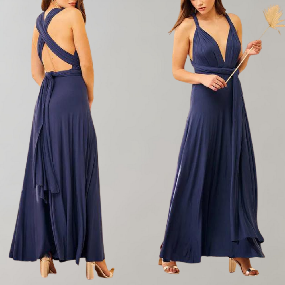 Elegantes Damen-Wickelkleid in Dunkelblau, ideal für Hochzeiten und festliche Anlässe. Fließender Stoff, rückenfrei, mit tiefem V-Ausschnitt.