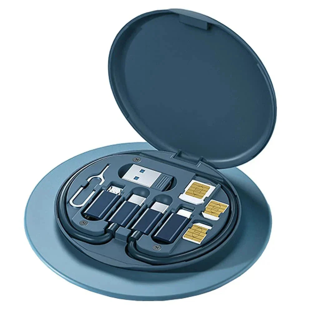Rundes Adapter-Set in Blau, USB-C, Micro-USB, SIM-Karten, kompakt, tragbar, multifunktional.