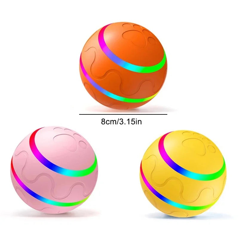 Drei bunte LED-Hundebälle, 8cm, in Orange, Rosa und Gelb, interaktives Hundespielzeug.