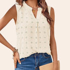Ärmellose Bluse Damen, elfenbeinfarben, mit Stickerei, V-Ausschnitt, lässig, Sommermode, ideal für Freizeit und Büro, trendige Damenbekleidung.