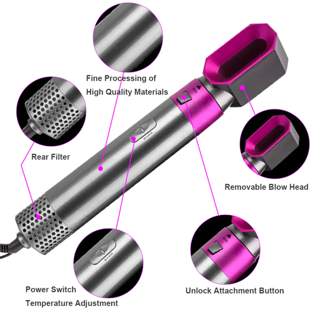 Hochwertiger Haartrockner mit abnehmbarem Föhnkopf, Temperaturregelung, Leistungsschalter und Rückfilter. Innovatives Design, langlebige Materialien.
