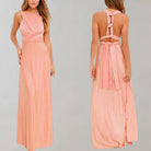 Elegantes langes Abendkleid in Rosa mit Wickeldesign und offenem Rücken. Perfekt für Hochzeiten, Partys und formelle Anlässe.