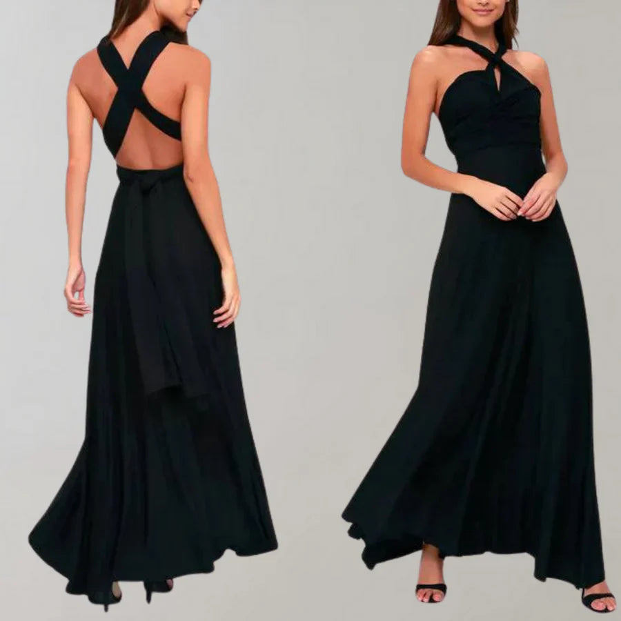 Elegantes schwarzes Abendkleid mit Neckholder und Kreuzrücken, fließendem Rock, ideal für formelle Anlässe. Perfekt für stilvolle Auftritte.