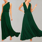 Elegantes, grünes Abendkleid mit asymmetrischem und V-Ausschnitt-Design, fließendem Stoff, ideal für formelle Anlässe und stilvolle Events.