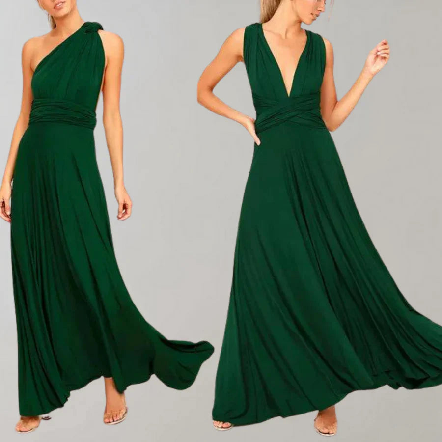Elegantes, grünes Abendkleid mit asymmetrischem und V-Ausschnitt-Design, fließendem Stoff, ideal für formelle Anlässe und stilvolle Events.