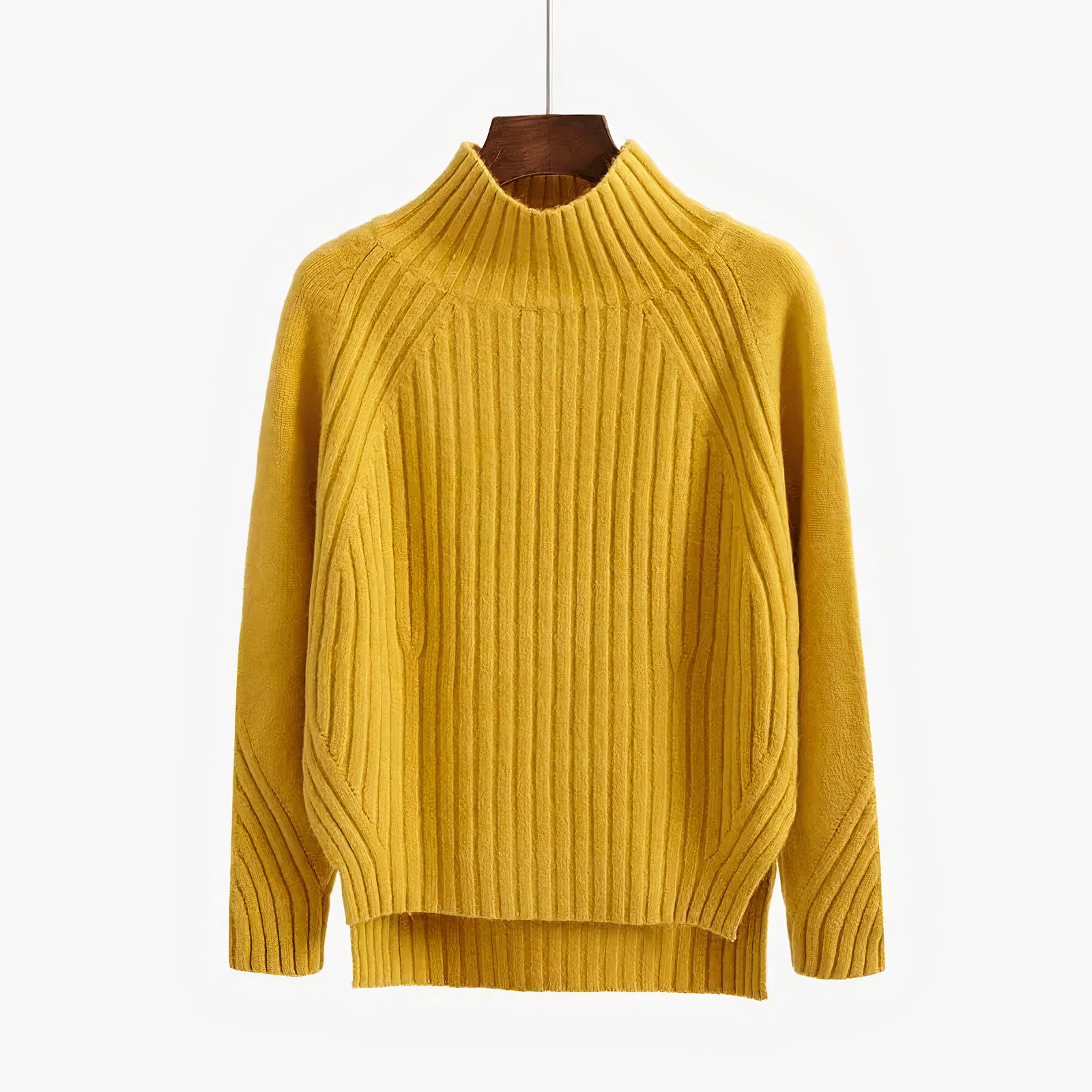Gelber Rollkragenpullover aus Strick mit Rippmuster, ideal für Herbstmode. Hochwertiger Damenpullover, warm und stilvoll. Perfekt für kühle Tage.
