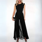 Elegantes schwarzes Abendkleid aus Chiffon, ärmellos, mit transparentem Rock, ideal für Partys.