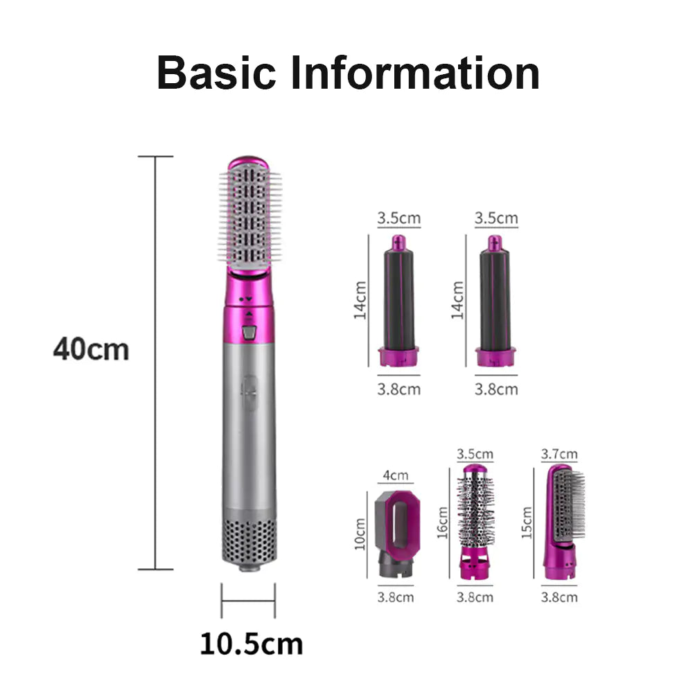 Multifunktionaler Haartrockner und Styler in Pink und Silber, 40 cm lang, mit verschiedenen Aufsätzen für vielseitiges Haarstyling.