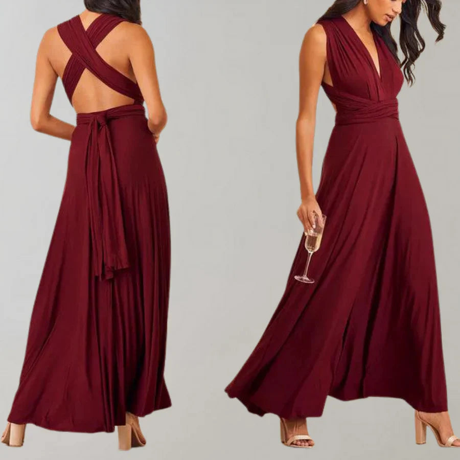 Elegantes dunkelrotes Abendkleid mit V-Ausschnitt und Wickeloptik, ideal für festliche Anlässe. Perfekt für stilvolle Damenmode.