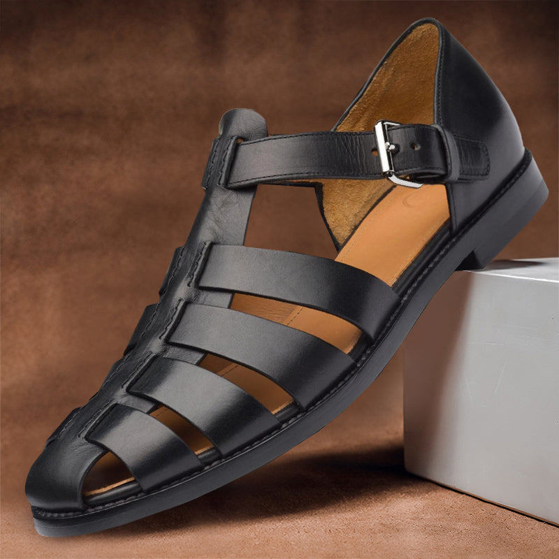 Schwarze Ledersandalen für Herren, römischer Stil, mit Schnalle, modisch und bequem.