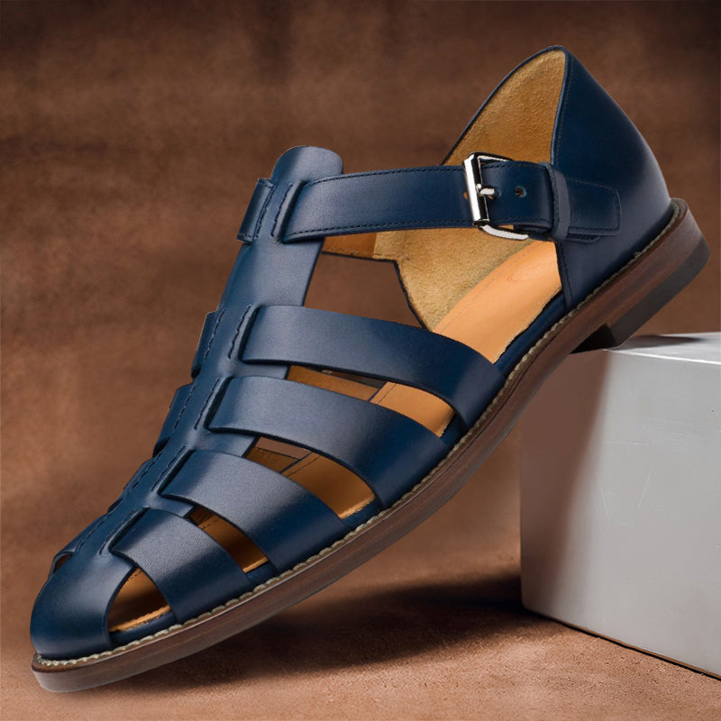 Dunkelblaue Ledersandalen für Herren, römisches Design, verstellbare Schnalle, Sommerschuhe.