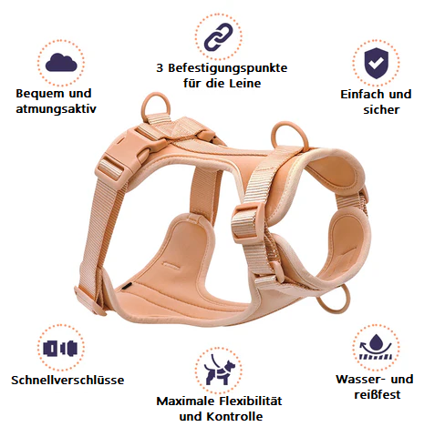 Bequemes, atmungsaktives Hundegeschirr mit 3 Befestigungspunkten, Schnellverschlüssen, wasser- und reißfest, für maximale Flexibilität.