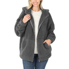 Damen Sherpa Kapuzenjacke, grau, Reißverschluss, weiches Material, lässig, warm, modisch.