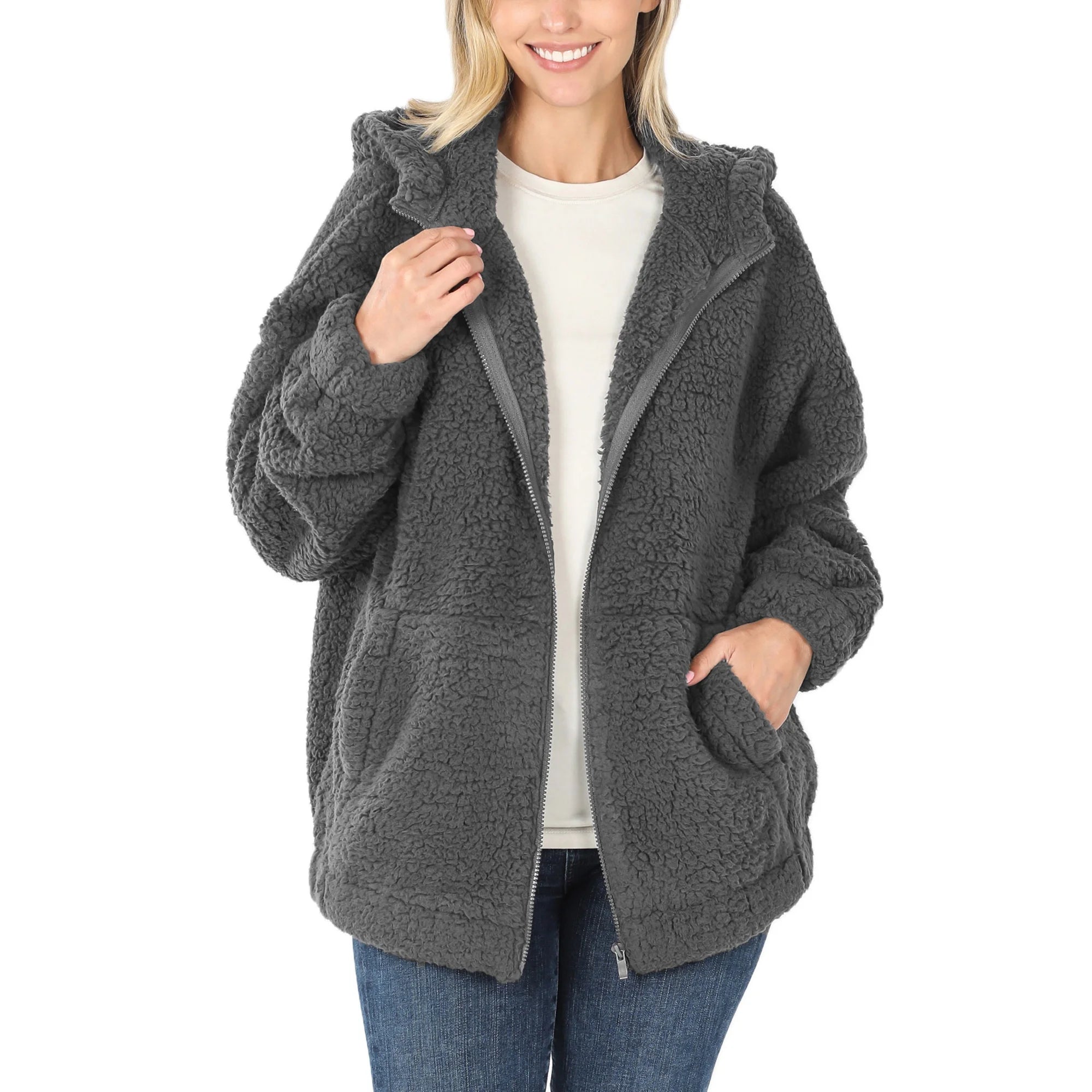 Damen Sherpa Kapuzenjacke, grau, Reißverschluss, weiches Material, lässig, warm, modisch.
