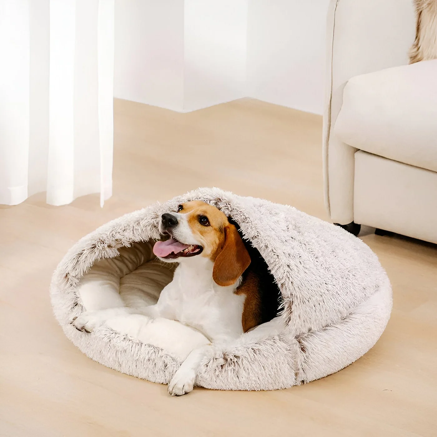 Hund in weichem, flauschigem Hundebett, ideal für Komfort und Entspannung. Perfektes Haustierbett für kleine bis mittelgroße Hunde.