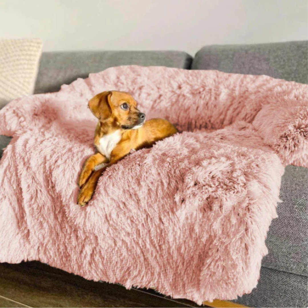 Kuscheliges rosa Hundesofabett, wasserdicht, leicht waschbar, Anti-Stress, mit kleinem Hund.