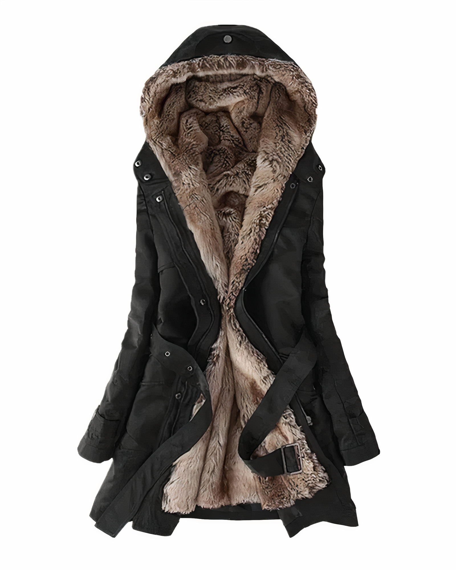 Schwarzer Damenmantel mit Kapuze, gefüttert mit Kunstfell, ideal für Wintermode. Stilvoller Parka, warm und modisch, perfekt für kalte Tage.