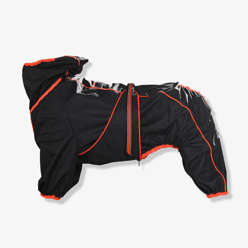 Wasserdichte Hundejacke für große Hunde, schwarz mit roten Nähten, verstellbar, ideal für Outdoor-Aktivitäten, schützt vor Regen und Wind.