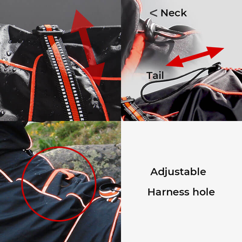Wasserdichte, verstellbare Outdoor-Hundejacke für große Hunde mit Geschirröffnung. Ideal für Regenwetter, robust und komfortabel.