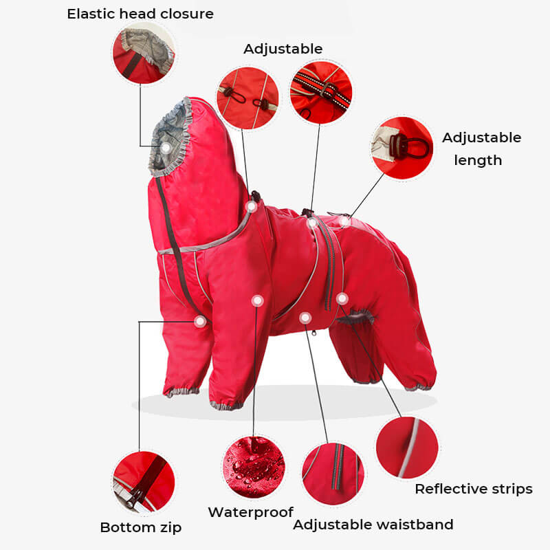 Wasserdichte, verstellbare Hundejacke in Rot mit reflektierenden Streifen, elastischem Kopfverschluss und Bodenreißverschluss für große Hunde.