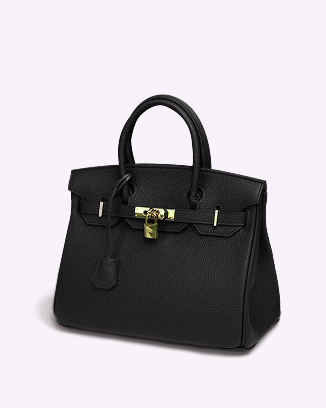 Schwarze Lederhandtasche mit goldener Schnalle, elegant, klassisches Design, Damenmode.