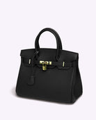 Schwarze Lederhandtasche mit goldener Schnalle, elegant, klassisches Design, Damenmode.