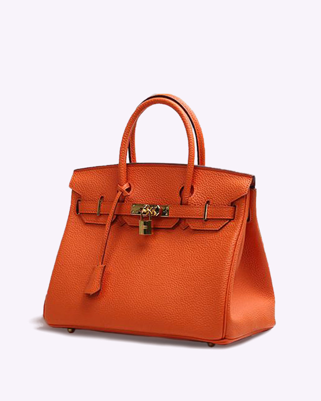 Orangefarbene Lederhandtasche mit goldener Schnalle, modisch, elegant, Damenaccessoire.