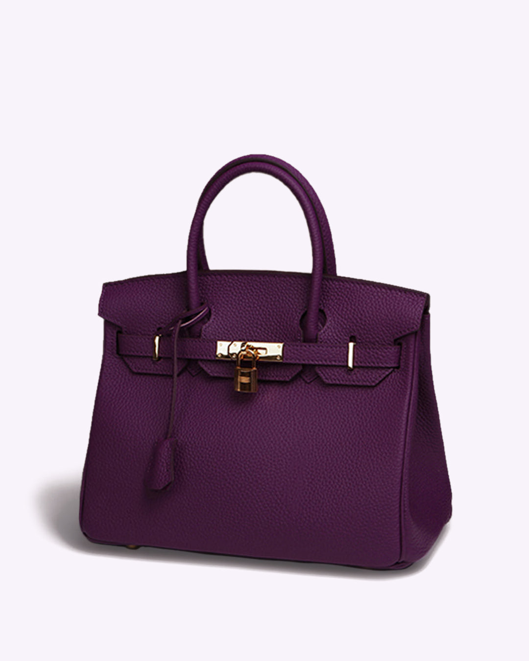 Lila Handtasche aus Leder mit goldener Schnalle, elegant, modisch, Damenaccessoire.