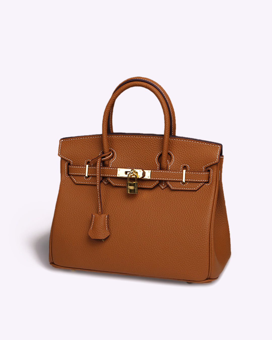 Braune Lederhandtasche mit goldener Schnalle, elegante Damenmode, luxuriöses Accessoire.