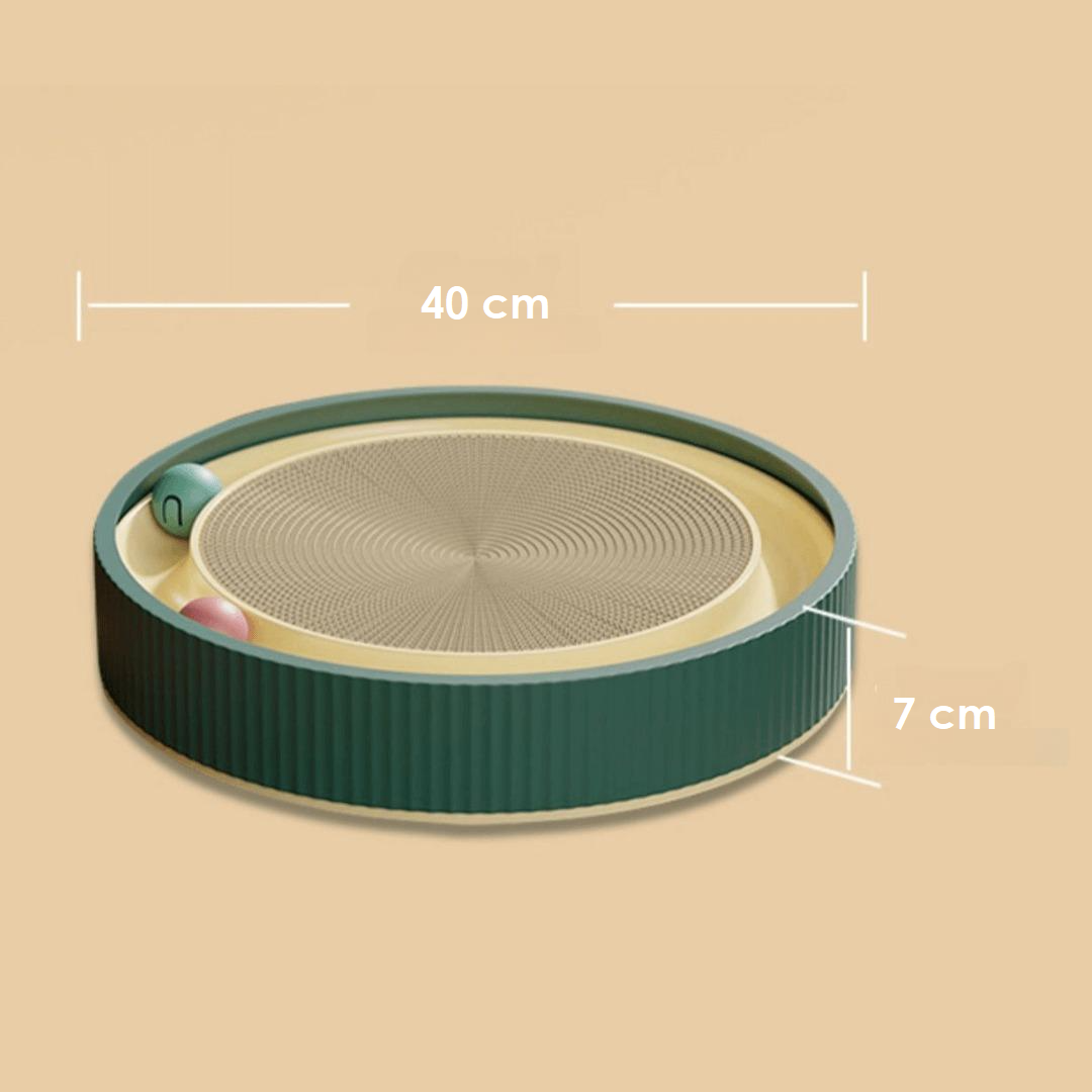 Kratzspielzeug für Katzen, rund, 40 cm Durchmesser, 7 cm hoch, mit interaktiven Bällen. Ideal für Katzenbeschäftigung und Krallenpflege.