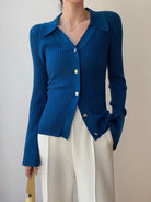Eleganter blauer Strick-Cardigan mit langen Ärmeln und Knopfleiste, ideal für modische Herbst- und Winteroutfits. Damenmode, Vintage-Stil.