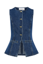 Ärmellose Jeansweste mit Knopfleiste, tailliertem Schnitt und Taschen. Perfekt für modische Outfits. Damenmode, Denim, Weste, Trend.
