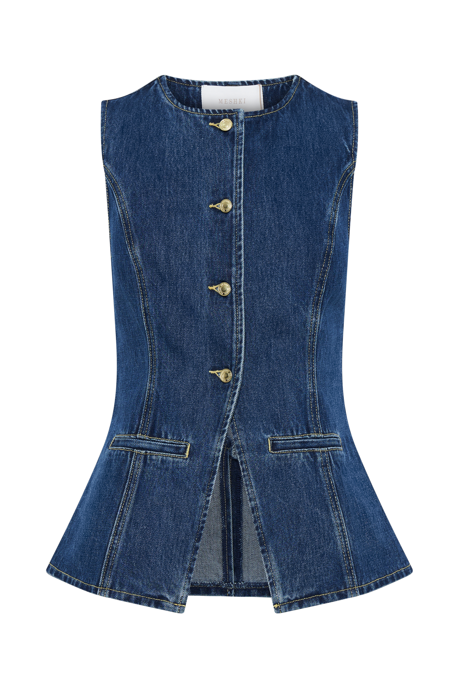 Ärmellose Jeansweste mit Knopfleiste, tailliertem Schnitt und Taschen. Perfekt für modische Outfits. Damenmode, Denim, Weste, Trend.