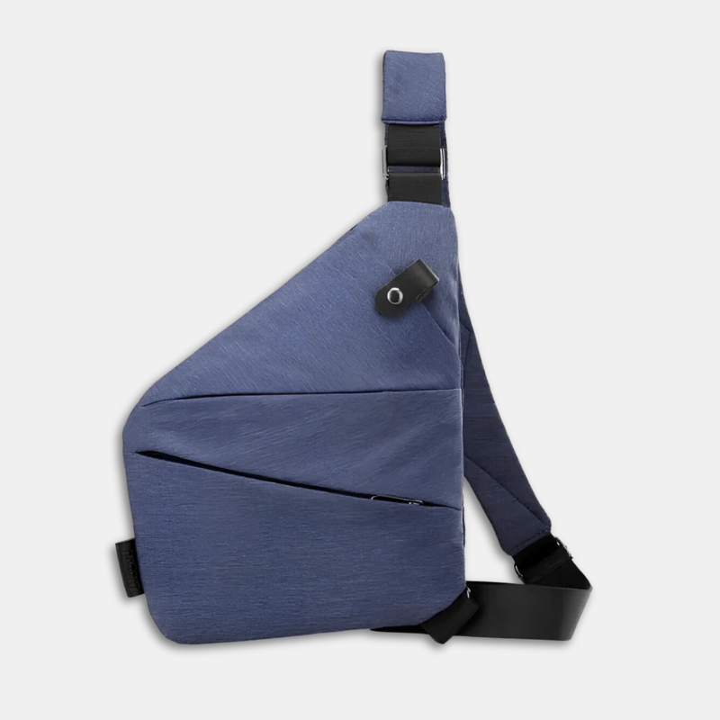 Dunkelblaue Umhängetasche, wasserabweisend, mit verstellbarem Gurt, ideal für Reisen.