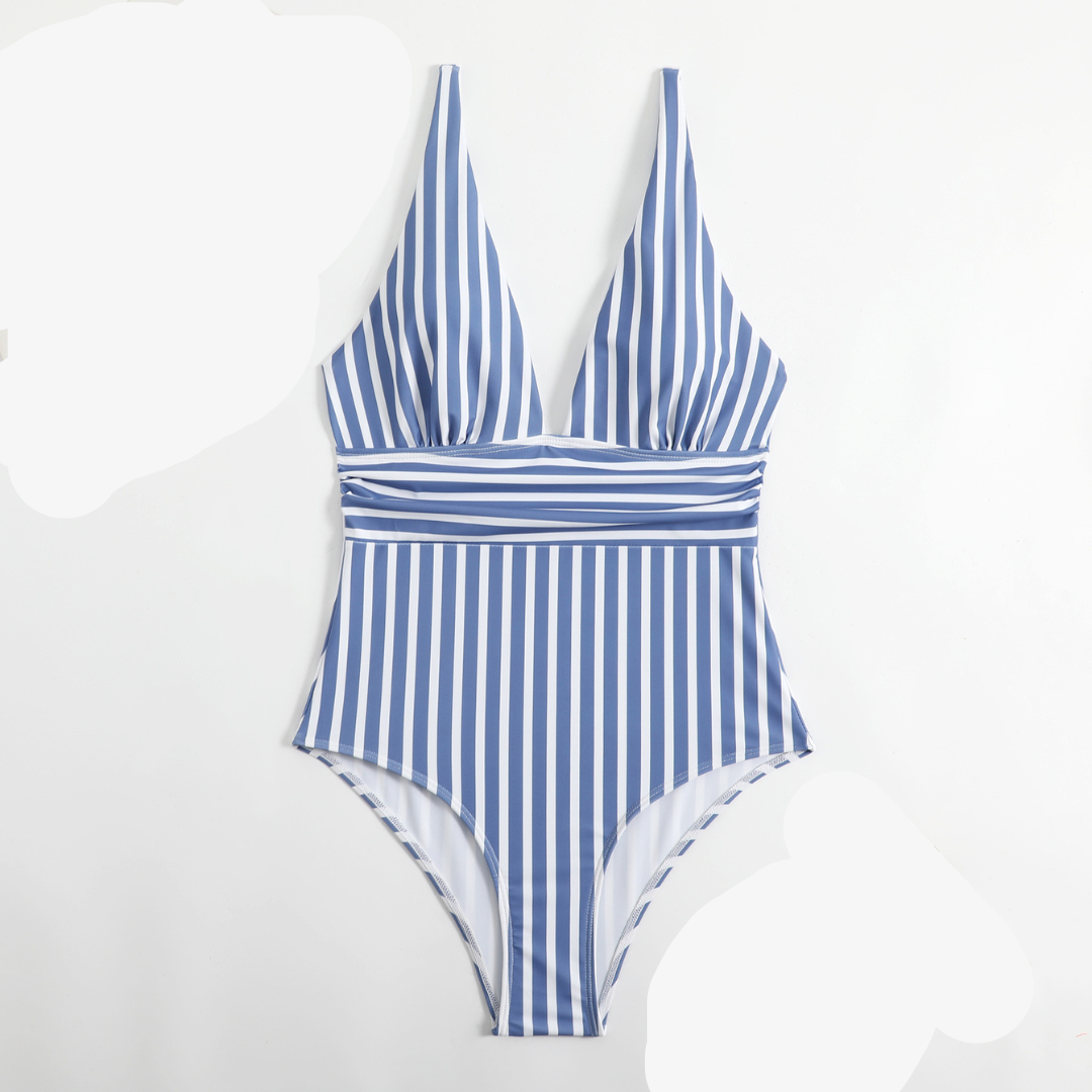 Gestreifter blauer Badeanzug mit tiefem Ausschnitt, modisch, Sommermode, Damenbekleidung.