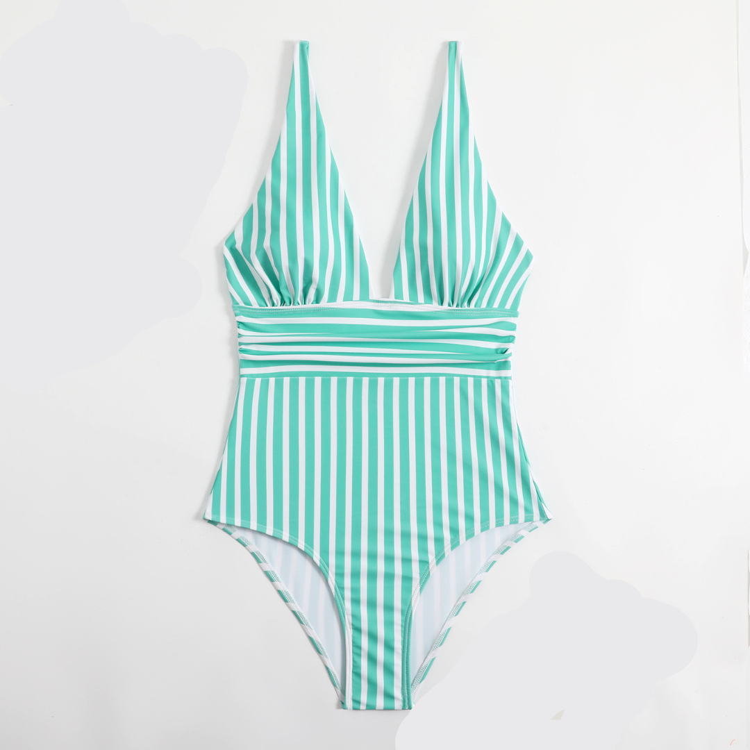 Grün-weiß gestreifter Badeanzug, tiefes Dekolleté, Sommermode, Damen-Bademode.