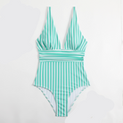 Grün-weiß gestreifter Badeanzug, tiefes Dekolleté, Sommermode, Damen-Bademode.