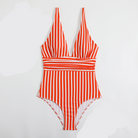 Rot-weiß gestreifter Badeanzug, tiefes Dekolleté, modisch, Sommermode, Damenbekleidung.