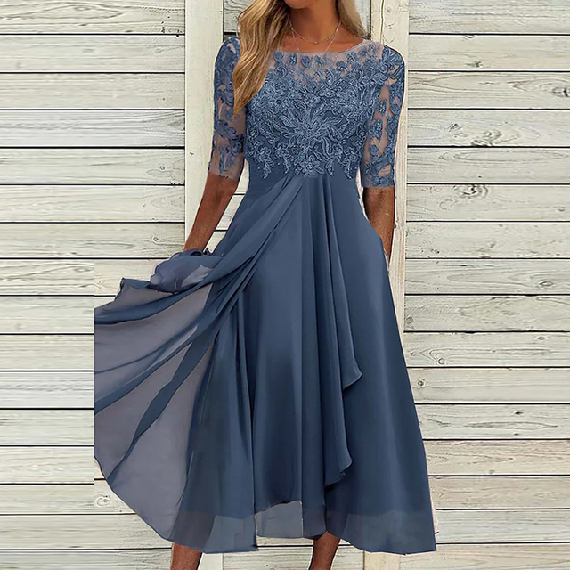 Elegantes blaues Abendkleid für Damen, A-Linie, mit Spitze und halblangen Ärmeln. Perfekt für festliche Anlässe und Partys.