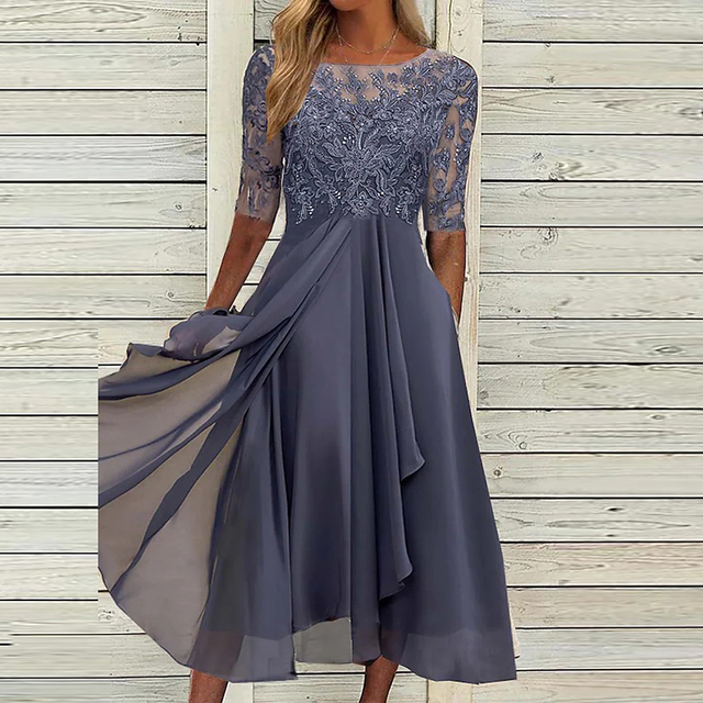 Elegantes blaues Abendkleid für Damen, A-Linie, mit Spitze und halblangen Ärmeln. Perfekt für festliche Anlässe und Partys.
