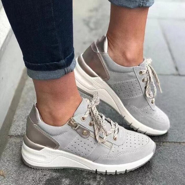 Damen-Sneaker, grau, runde Spitze, Schnürung, seitlicher Reißverschluss, Colorblock-Design, bequeme Plateau-Sohle, modisch, lässig.