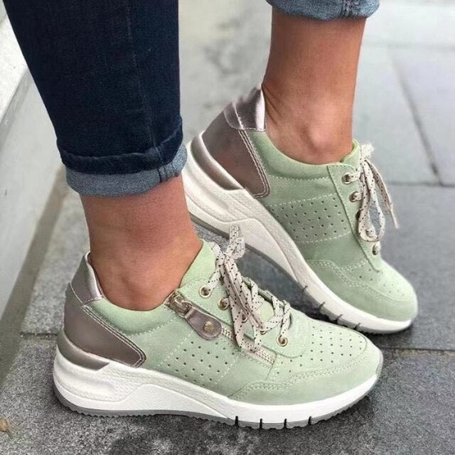 Damen-Sneaker mit runder Spitze, Schnürung, seitlichem Reißverschluss, Colorblock-Design, bequeme Plateau-Sohle, modisch und lässig.