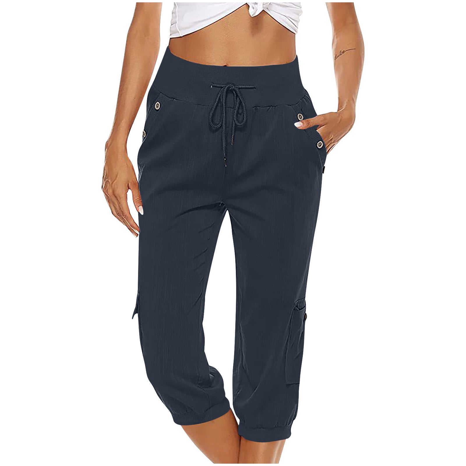 Damen-Caprihose in Schwarz, lässig und bequem, mit Kordelzug und Taschen. Perfekt für Freizeit und Sport. Ideal für Sommermode.