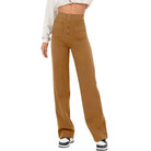 Damenhose mit hoher Taille, braun, weites Bein, Knopfverschluss. Modische, bequeme Hose für Freizeit und Büro. Ideal für trendige Outfits.
