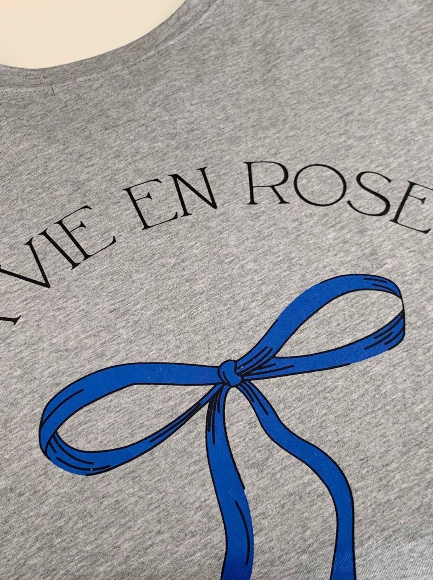 Graues T-Shirt mit blauem Schleifenmotiv und "VIE EN ROSE" Schriftzug. Modisches Design, hochwertiger Druck, trendige Damenbekleidung.